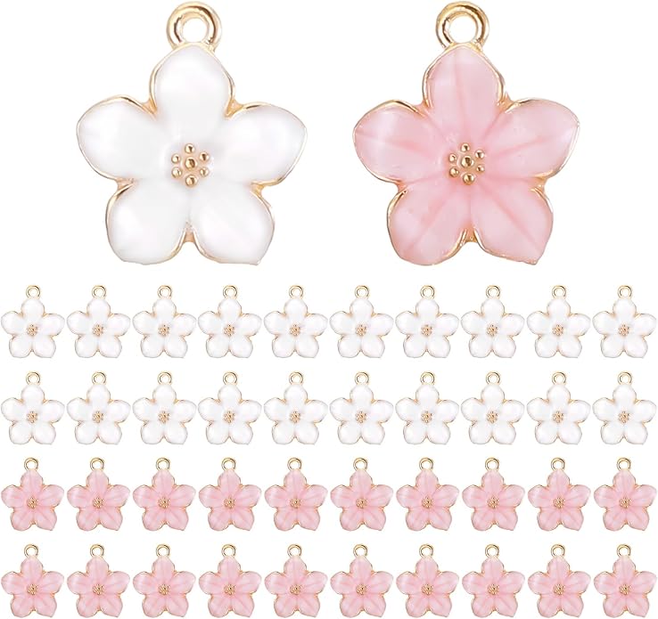 40 Pcs Gold Plated Enamel Cherry Blossoms Decor Small Flower Enamel Charms Cute by Unknown