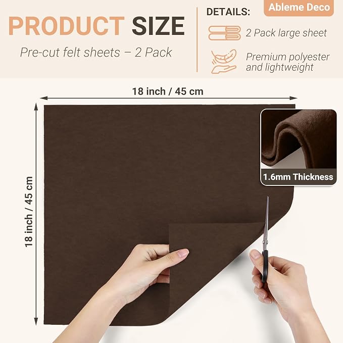 Brown Felt Fabric Sheets 18" x 18" 1.6mm Soft Felt, Dark Brown | Soft Precut - Image 2