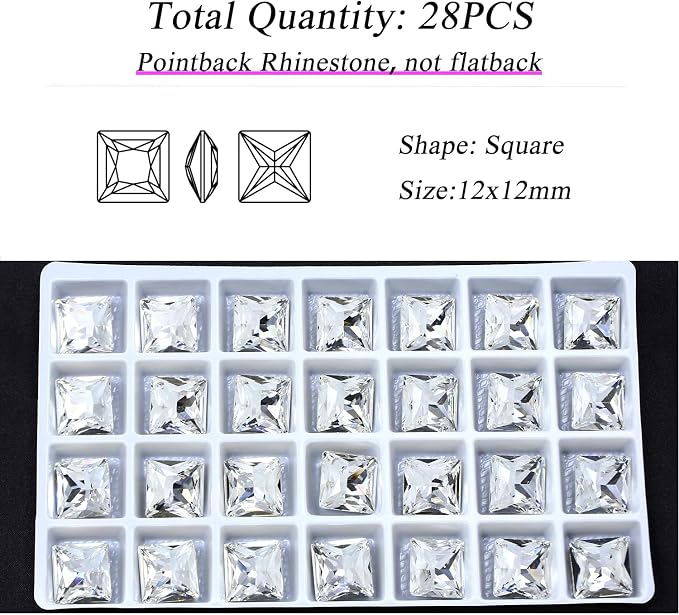 28Pcs Point Back Glass Rhinestones, 12 * 12MM Square Shape Faceted Rhinestones - Image 2