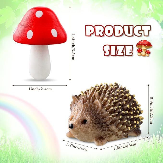 Queekay Resin Hedgehogs & Wood Mushroom Sculpture, Fairy Wild Garden Supplies - Image 2