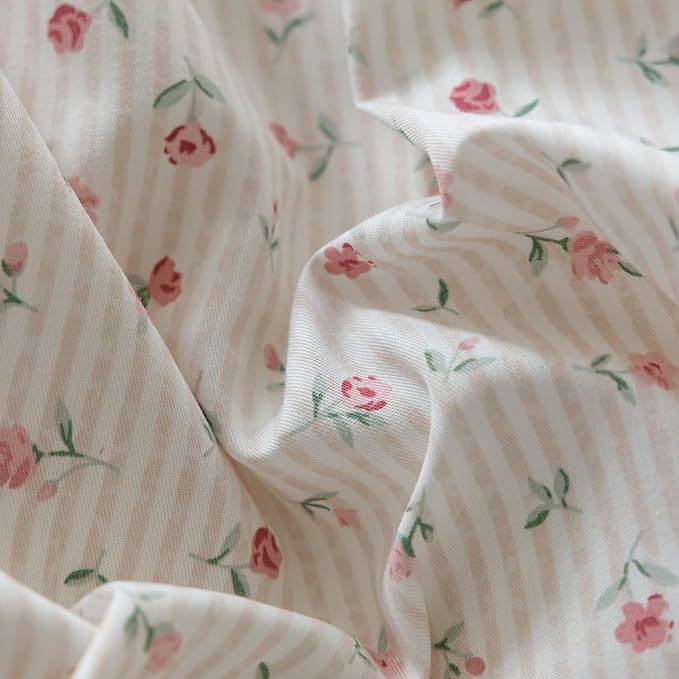 mixinni White Flower Pattern Duvet Cover Queen Cottage Pink Floral Stripes - Image 4