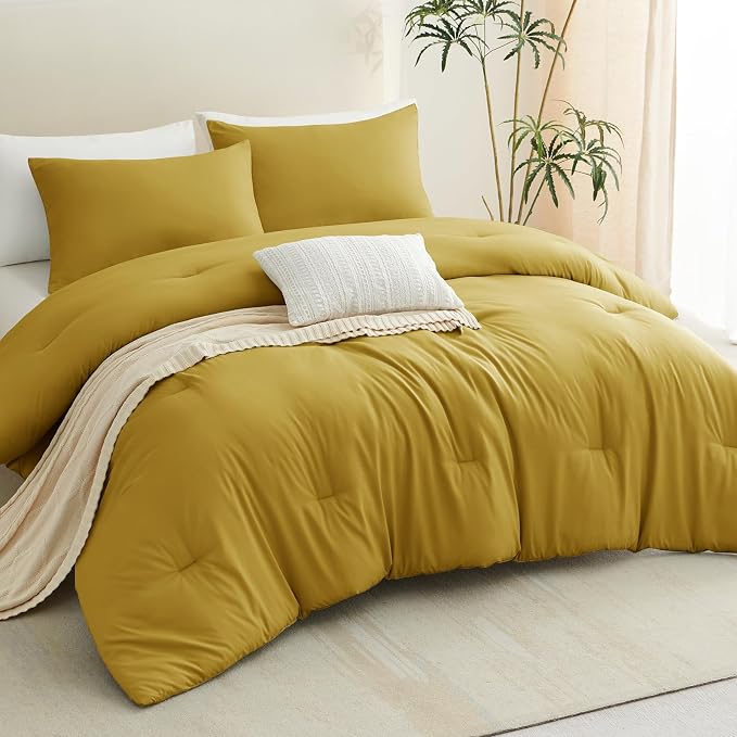 CozyLux King Size Comforter Set Mustard Yellow, 3 Pieces Solid Comforters King - Image 7