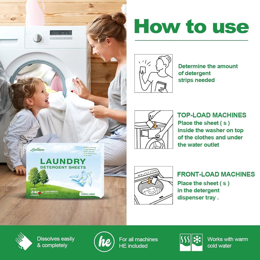 Laundry Detergent Sheet, Eco-Friendly & Hypoallergenic Wash Strips, Natural Ingredients, Ultra-Concentrated, Travel-Ready, No Plastic Jug- Fresh Scent, (240 Loads) 120 Sheets