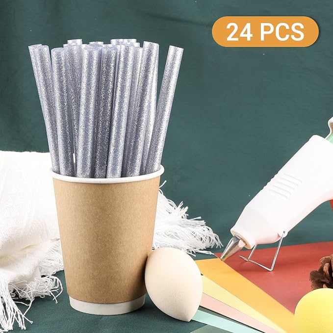 Glitter Silver Hot Melt Glue Stick, Manarty 24 PCS 0.43 Dia x 8" Long Fbric - Image 4