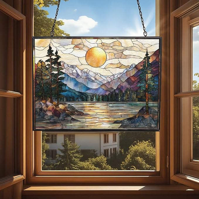 Rectangle Sunset Mountains Lake Tree Stained Glass Sun Catcher Mountain Stained - Image 4
