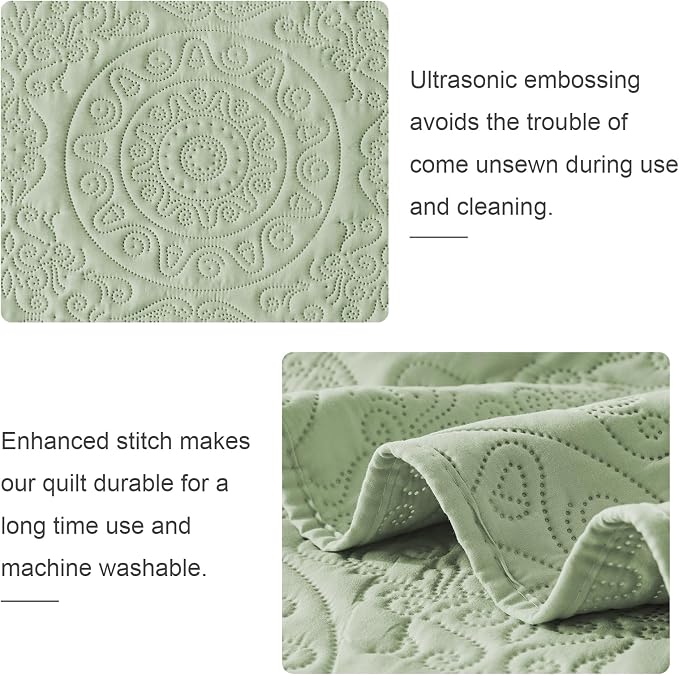WURUIBO Sage Green Quilt Set Queen Size, Embossing Microfiber Full Bedspreads - Image 4