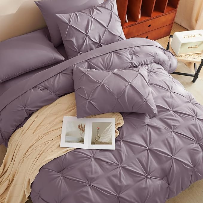 HIMEET Pintuck Bed in a Bag, 7 Pieces King Size Comforter Set Dusty Purple - Image 4