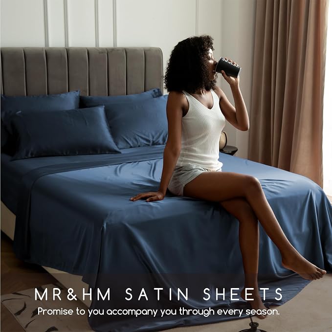 MR&HM Satin Bed Sheets with Elastic Corner Straps, King Size Sheets Set - Image 6