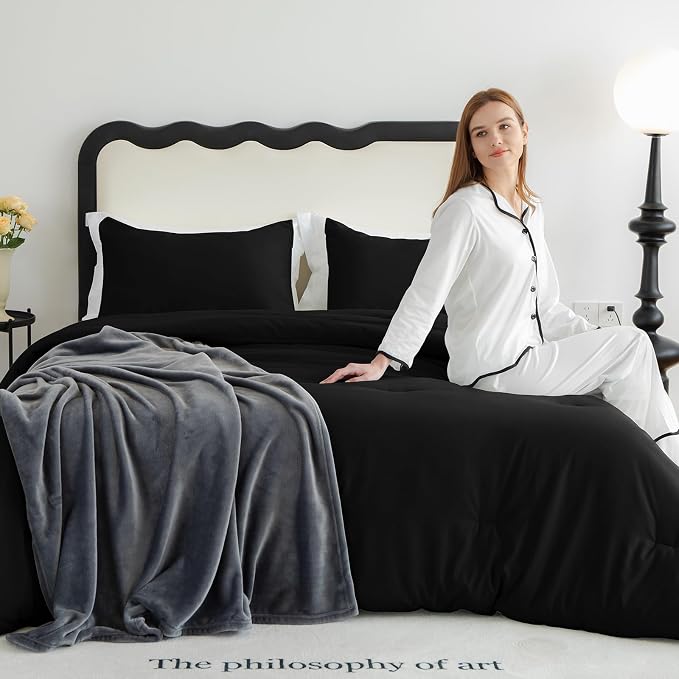 CozyLux King Size Comforter Set Black, 3 Pieces Solid Comforters King Size - Image 9