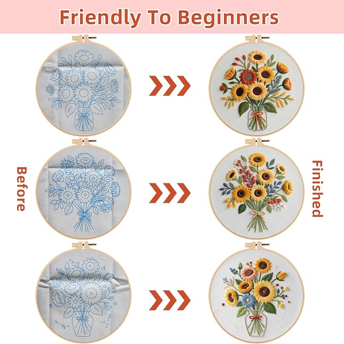 Herdiese Embroidery Kits for Beginners & Adults, 3 Sets Sunflower Patterns | - Image 3