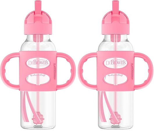 Dr. Brown's Milestones Narrow Sippy Straw Bottle, Spill-Proof with 100% Silicone Handles and Weighted Straw, 8 oz/250 mL, Pink, 6m+ (Pack of 2)