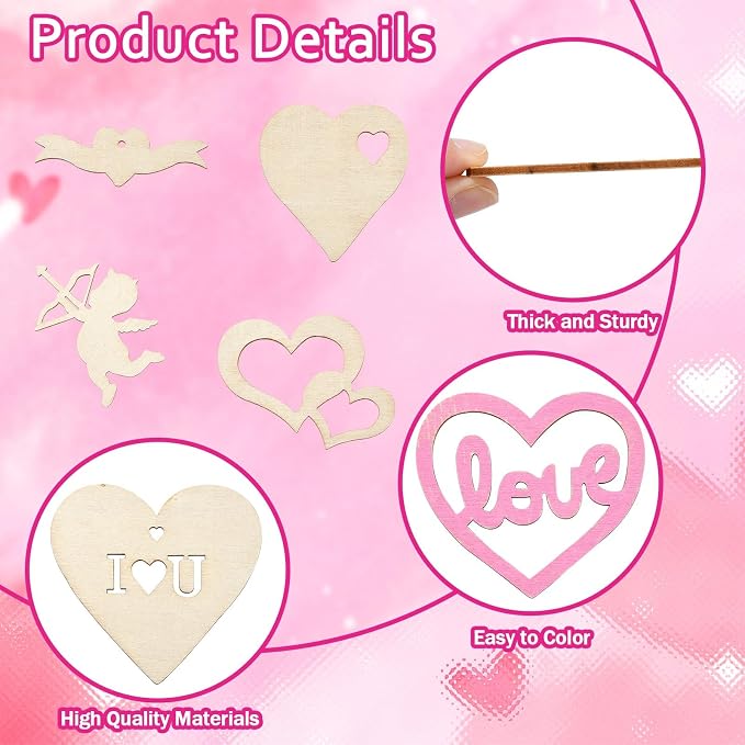 45 pcs Mixed Styles Heart Theme Unfinished Wood Cutout Charms Love Sweet Wood - Image 3