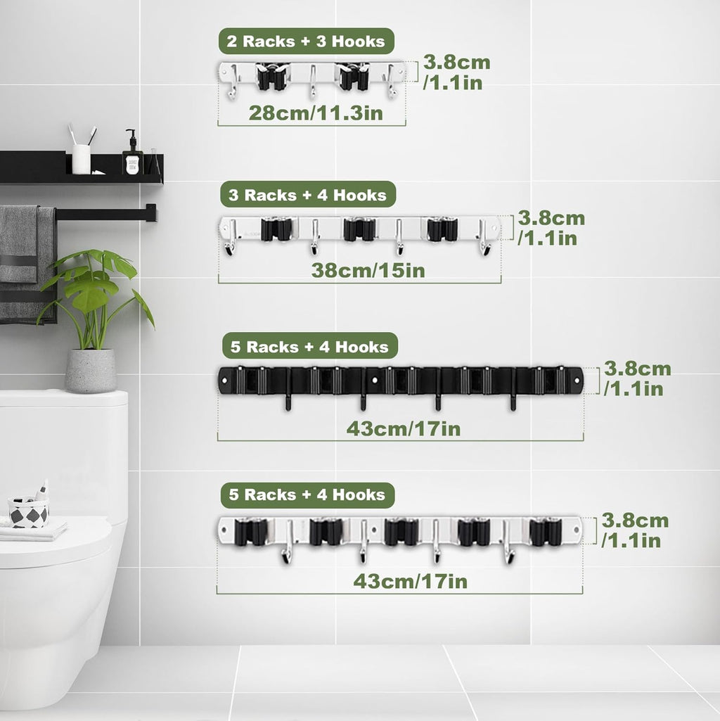 2 Pack 3 Racks and 4 Hooks Broom and Mop Holder Wall Mounted Garage Organizer Storage Tool Racks Stainless Steel Heavy Duty Hooks Self Adhesive Solid Non-slip Wall Hangers for Home Kitchen Garden