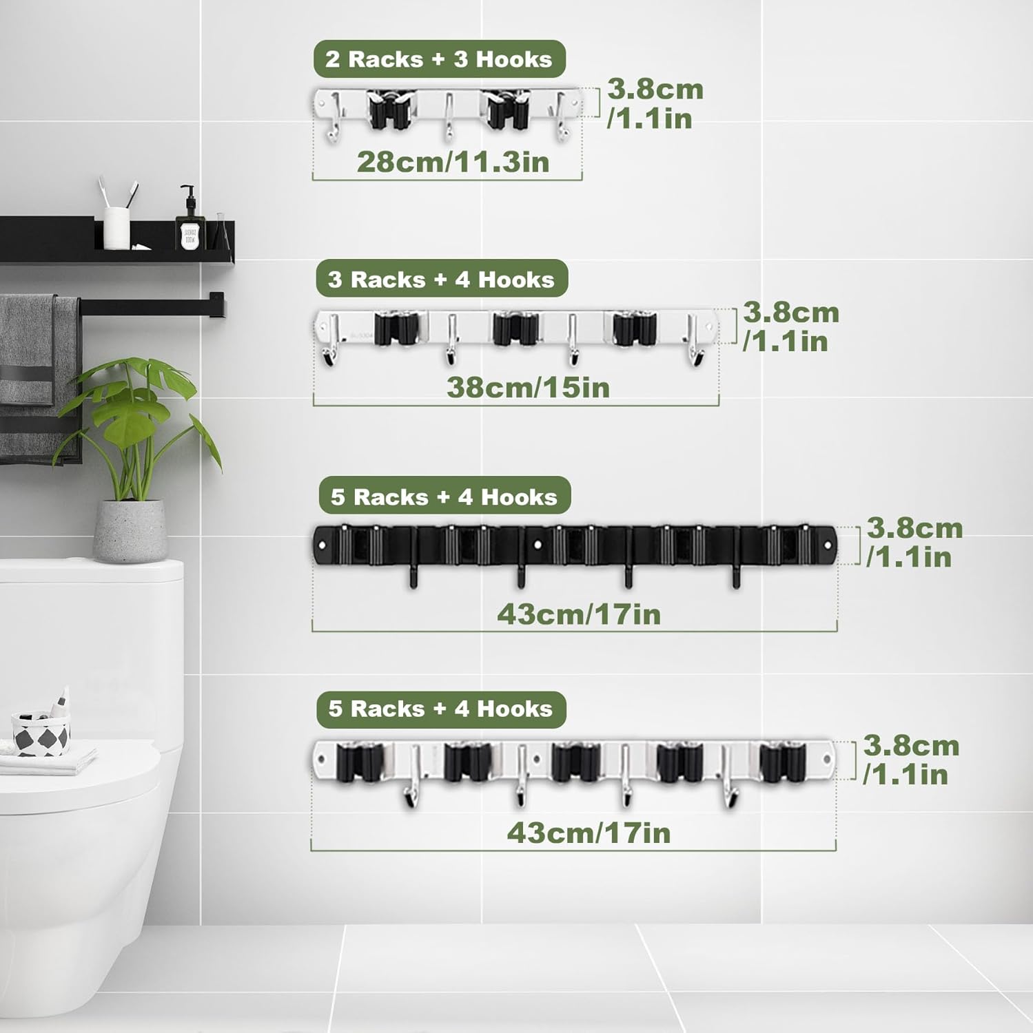 2 Pack 3 Racks and 4 Hooks Broom and Mop Holder Wall Mounted Garage Organizer Storage Tool Racks Stainless Steel Heavy Duty Hooks Self Adhesive Solid Non-slip Wall Hangers for Home Kitchen Garden