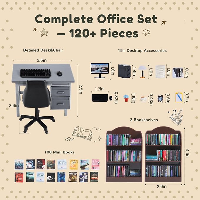 1:12 Scale Mini Desk Set with 100 Mini Books & 2 Bookshelves — Miniature - Image 2
