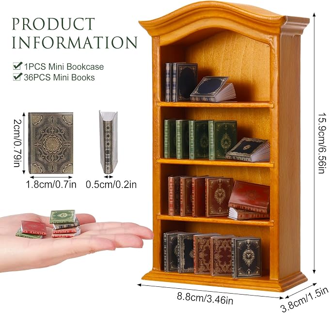 36 Pcs 1:12 Scale Miniatures Dollhouse Book and 1 Wooden Bookcase | 4 Floors - Image 2