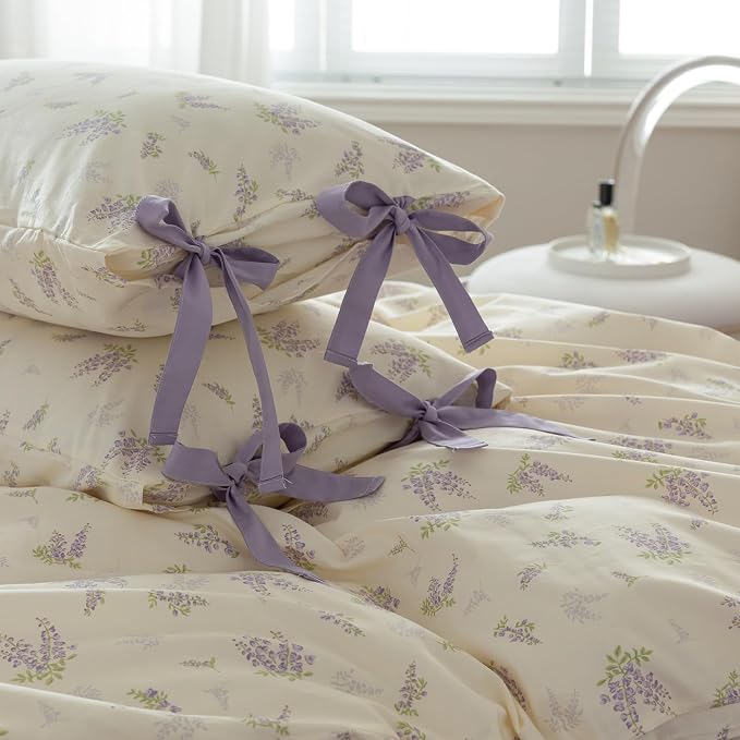 mixinni Lavender Flower Duvet Cover Queen Cotton Teenage Girls Flower Leaf - Image 3