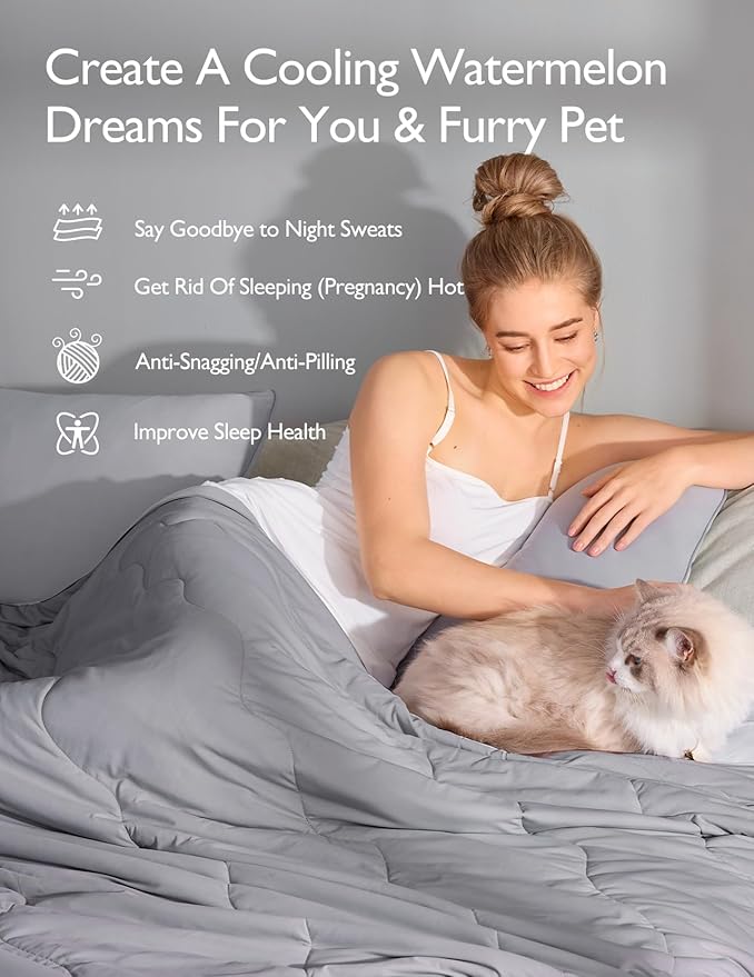 Momcozy Life CoolMurm Cooling Comforter for Hot Sleepers, Full/Queen 90"x90" Soft Breathable Pregnancy Cooling Blanket, 3-Second Cooling, 8 Hours+ Stay Cool All Night, Deep Light Grey