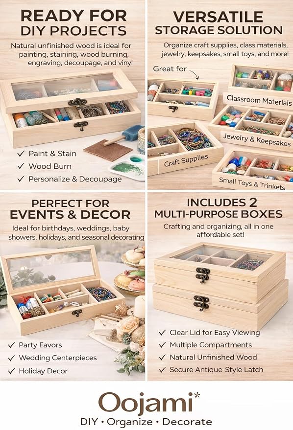 2 Pack Unfinished Wood Box, Glass Lid, 14 Compartment Jewelry Organizer | - Image 6