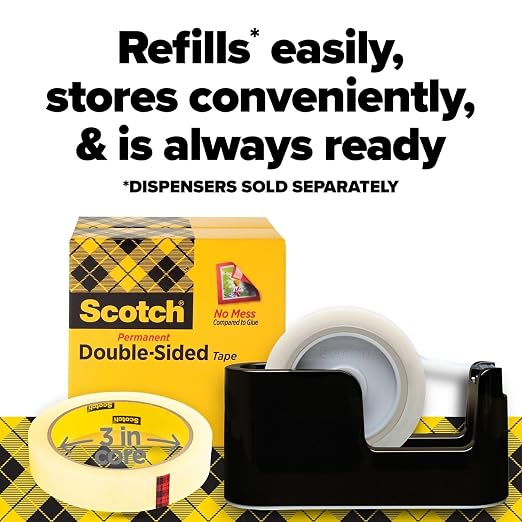 Scotch Permanent Double Sided Tape Refill Rolls, 1/2"" x 36 yds, 12 Rolls – - Image 6