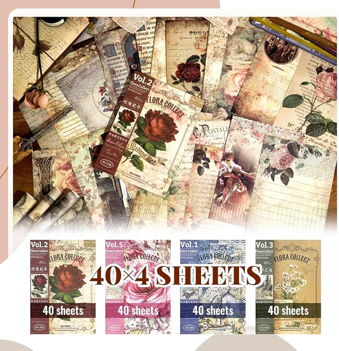 160Pcs Vintage Scrapbook Supplies Set, 4 Styles of Scrapbook Paper - Image 9