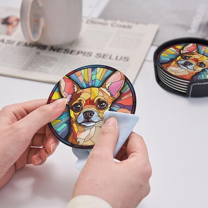 Drink Coaster Set of 6, Chihuahua Dog Mom Lover Gift, Leather Drink Coasters - Image 8