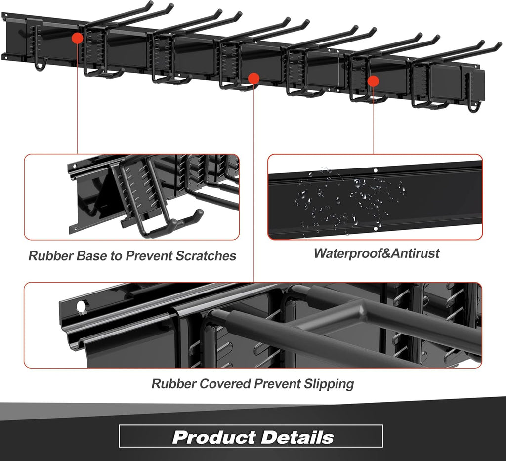 Storaboks Heavy Duty Garage Storage Rack System, Wall Mounted Tool Organizer with 8 Double Hooks, 3 Rails, Garden Yard Tools Hanger for Ski Gears, Broom, Rake, Shovel