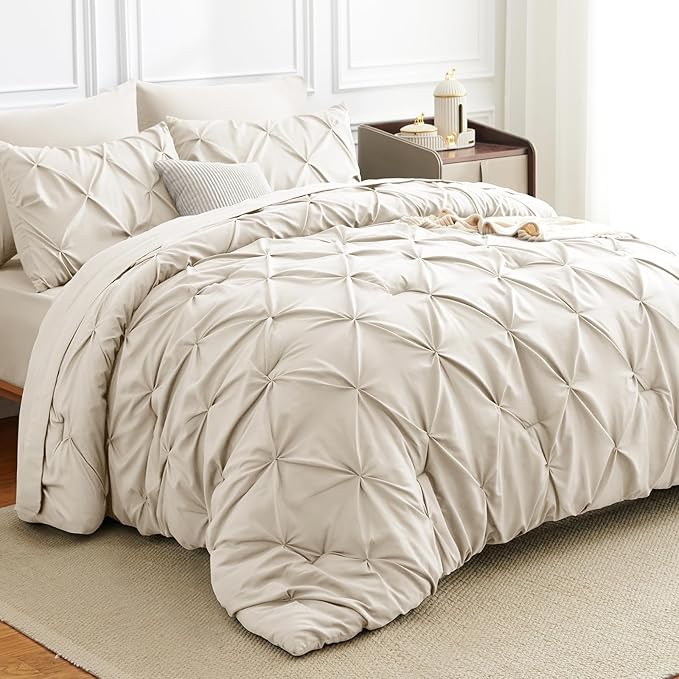 HIMEET Pintuck Bed in a Bag, 7 Pieces King Size Comforter Set Beige, Luxury by Unknown