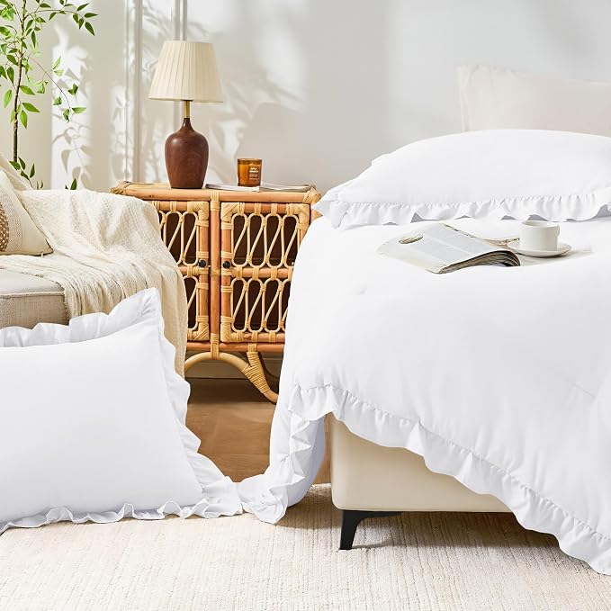 FUANNA Queen Comforter Set White 3 Pieces, Ruffle Shabby Chic Queen Bed Set - Image 8