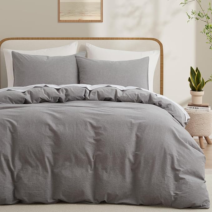 LOVQUE Light Grey Cotton Duvet Cover Queen Size, Linen Like Natural Bedding Set by LOVQUE