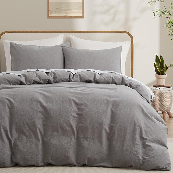 LOVQUE Light Grey Cotton Duvet Cover King Size, Linen Like Natural Bedding Set by LOVQUE