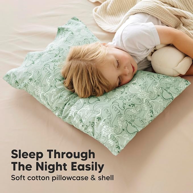 KeaBabies Toddler Pillow with Pillowcase, Jumbo 14X20 - Soft Organic Cotton Toddler Pillows for Sleeping - Machine Washable - Perfect for Travel, Toddler Bed Set (DinoDood)