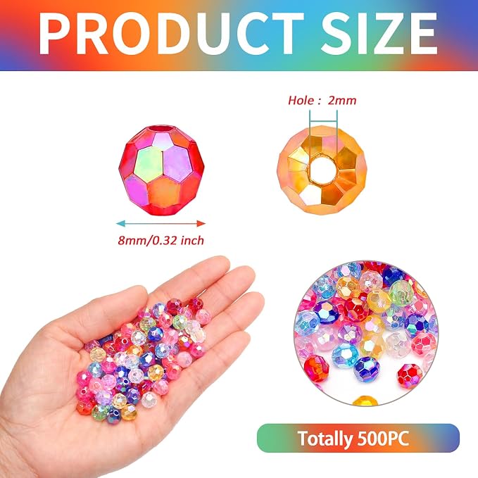 BONNY BOXX 500pcs 8mm Acrylic Faceted Round Crystal Beads Transparent Mix - Image 2