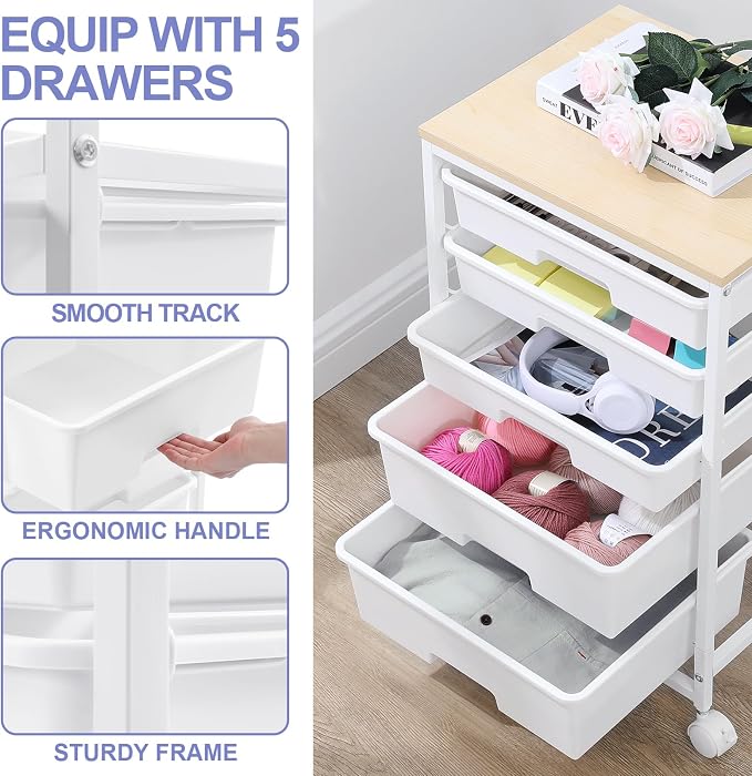 SYKIARIOL Utility Cart with 5 Drawers, Storage Drawer Cart with Wooden Tabletop - Image 4