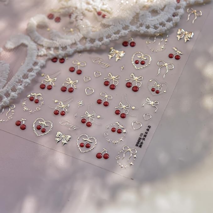 Cherry Nail Art Stickers Summer Cherry Nail Stickers 5D Embossed Gold Cherries - Image 2