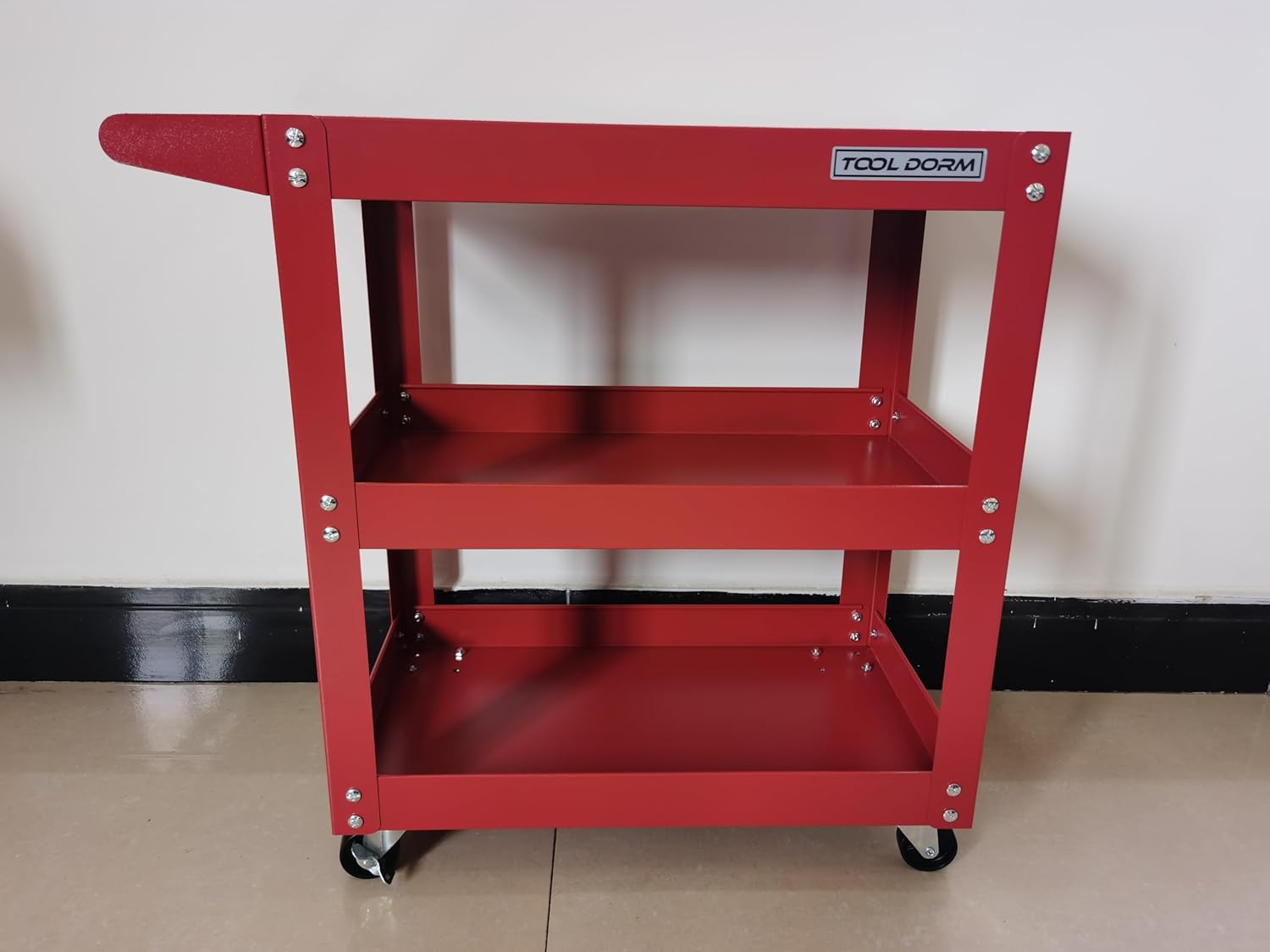 Utility Service Cart, 3 Shelf 150LBS Heavy Duty Steel Rolling Utility Cart, Medium Lipped Shelf, 360° Swivel Wheels, Ergonomic Storage Handle for Warehouse Garage, Red