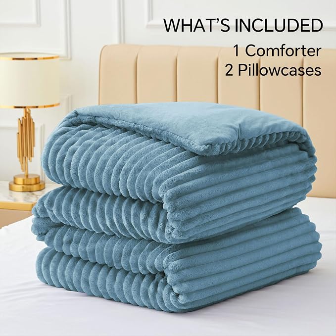 BEDELITE Fleece Queen Comforter Set -Super Soft & Warm Fluffy Blue Fog Bedding - Image 6