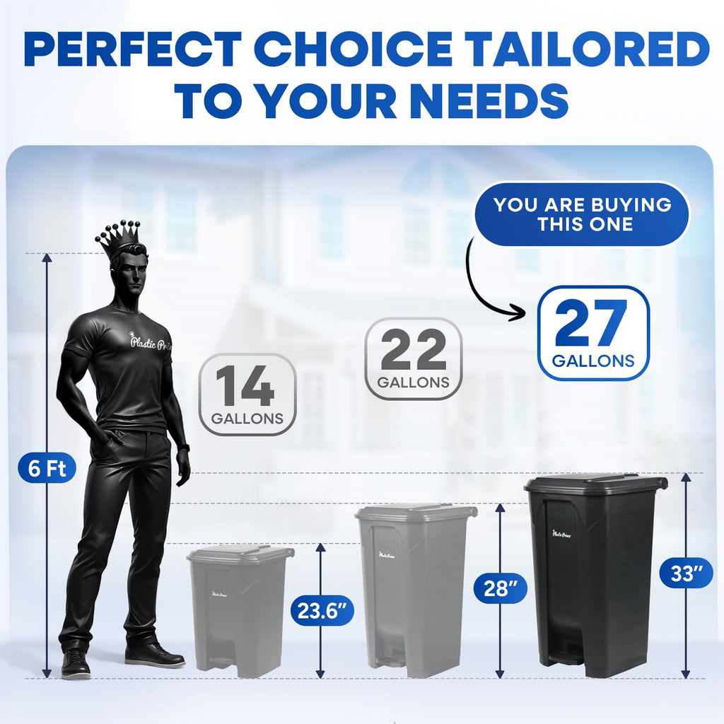 27 Gallon Step-On Trash Can/Container, Black Plastic Dustbin with Lid and Foot Pedal, Hands-Free Disposal