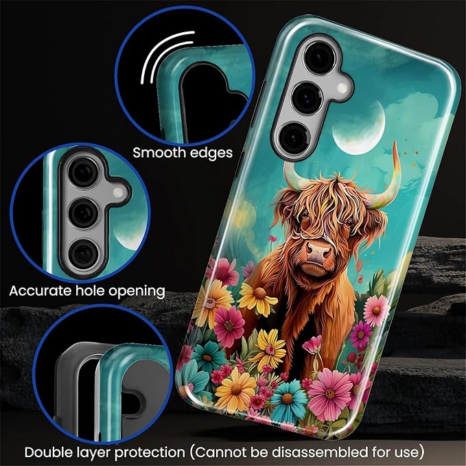 for Samsung Galaxy S23 FE Case, Highland Cow Flower Pattern Glossy 2 in 1 - Image 5