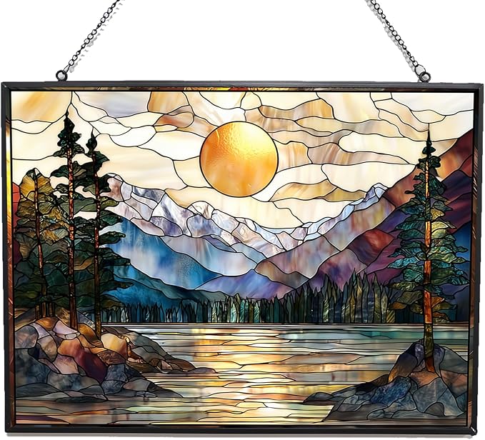 Rectangle Sunset Mountains Lake Tree Stained Glass Sun Catcher Mountain Stained by 365CUSGIFTS