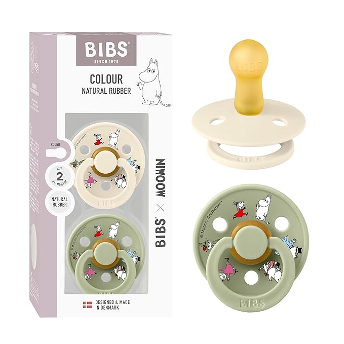 BIBS Colour Moomins Pacifier 2-Pack, BPA Free Pacifier, Round Nipple. Natural Rubber Latex, Made in Denmark, Size 2 (6-18 Months), Ivory/Sage