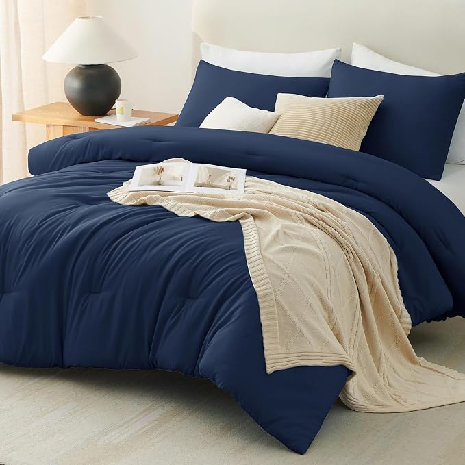 CozyLux Oversized Queen Comforter Set Navy Blue, 3 Pieces 98x98 Solid - Image 8