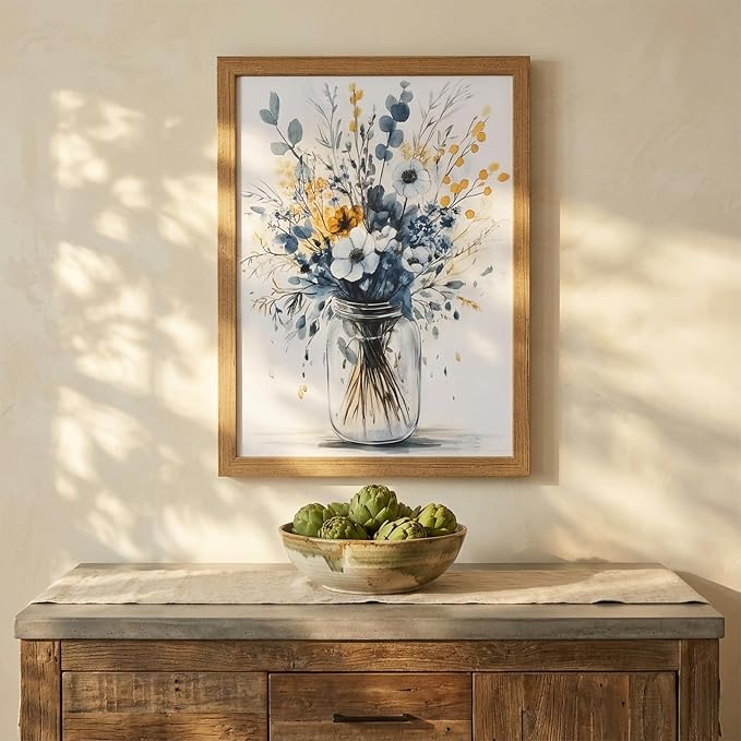 REWBKFIM Navy Blue Floral Canvas Wall Art Watercolor Botanical Bouquet in Mason - Image 4