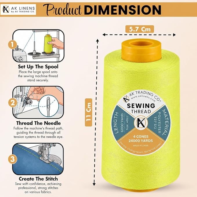 AK Trading 4-Pack NEON Yellow All Purpose Sewing Thread Cones of High Tensile - Image 2