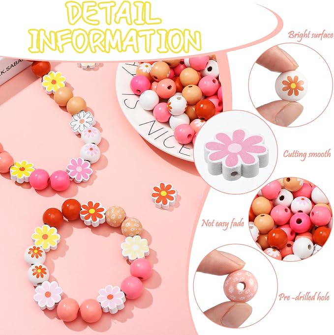 Tradder 200 Pcs Daisy Wooden Beads - Image 5