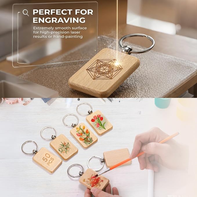 WRINGKIT 50 Pieces Wood Keychain Blank, Unfinished Laser Engraving Blanks - Image 5