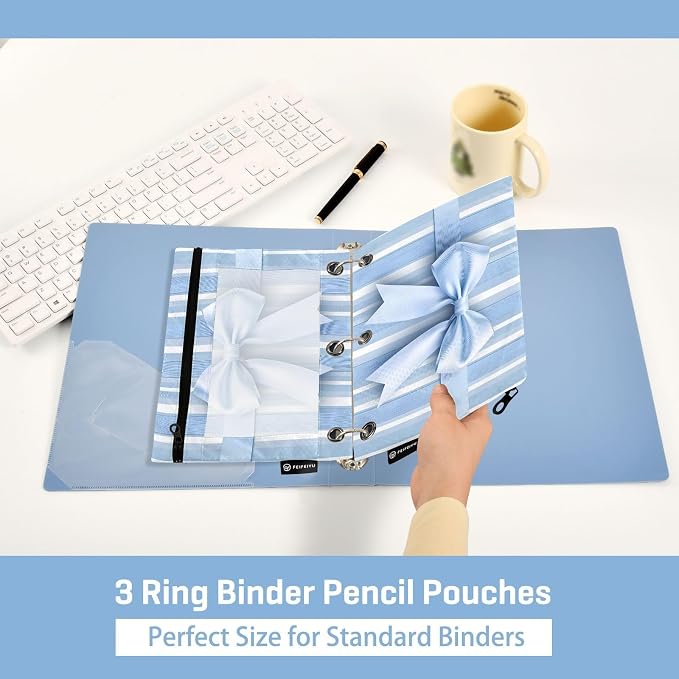 Blue Striped Bow Pencil Pouch for 3 Ring Binder, 2 Pack Waterproof Pencil Bags - Image 4