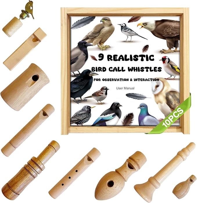 ZDH 9-Piece Wooden Bird Call Set – Handcrafted Bird-Call in Glass Wooden Box by Unknown
