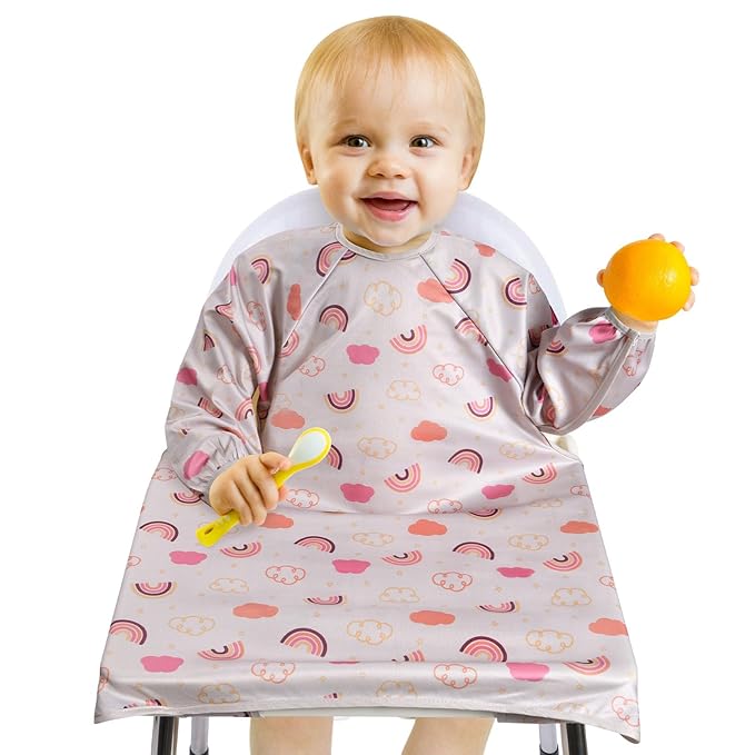 Vicloon Coverall Baby Feeding Bib, Weaning Bib Attaches to Highchair and Table, Long Sleeves Bib with Waterproof, Comfortable,Machine Washable, Baby Bib For 6 Month to 3 Years Old (Pink)
