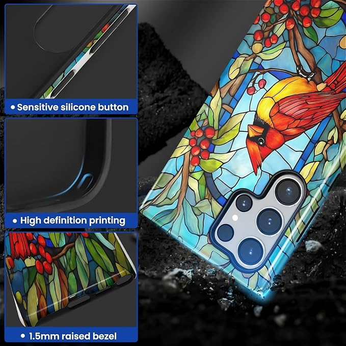 for Samsung Galaxy S23 Ultra Case, Stained Glass Cardinal Bird Pattern Glossy 2 - Image 3